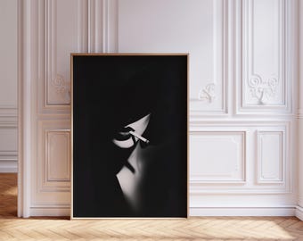 Black & White High Fashion Photo | Noir Art Print | Woman with Cigarette | Luxury Glamour Female Portrait Photography | Digital Download