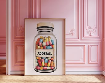 Adderall popart-print | Gedurfde moderne muurkunst | Eigenzinnig eclectisch woondecoratie | Dopamine-decor | Maximalistische esthetiek | Kunst in slaapzaal