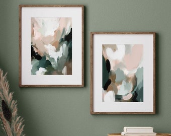 Modern Neutral Abstract Art Prints, Modern Abstract Art Pink Green Printable Art, Gallery Wall Art Set of 2, Home Decor, Instant Download