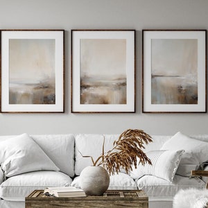 Paisaje abstracto vintage, arte de pared beige y marrón, tonos neutros melancólicos, juego de 3, impresión digital imprimible, tríptico grande