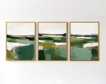 Printable Modern Abstract Landscape Art Set of 3 – Green & Sage Wall Decor, Minimalist Contemporary Digital Prints