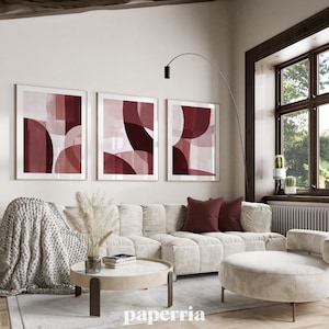 Set di 3 stampe astratte da parete rosso scuro - Forme organiche color bordeaux per una parete galleria color cremisi, arredamento moderno per la casa