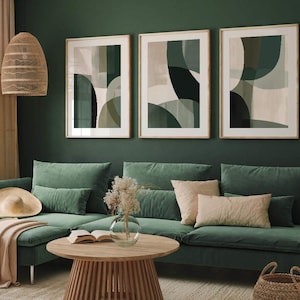 Arte de parede abstrata verde esmeralda para impressão, parede de galeria verde com formato orgânico - Conjunto de 3 - Decoração contemporânea para casa