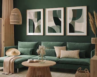 Afdrukbare smaragdgroene abstracte muurkunst, organische vorm groen fotowand - set van 3 - hedendaagse woondecoratie