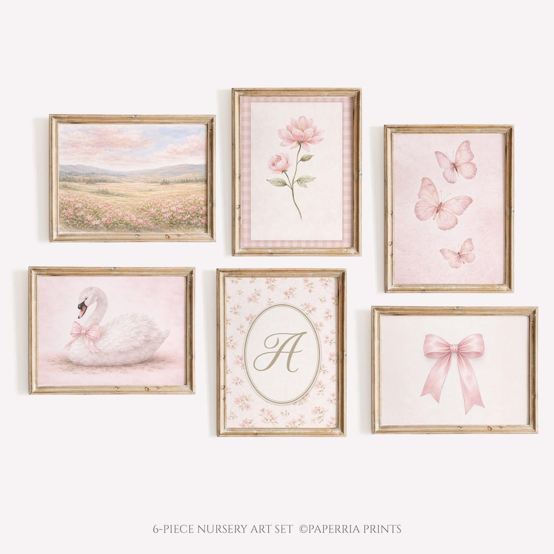 Nursery Wall Art Set of 6 – Pink Floral & Swan Prints With Personalized ...