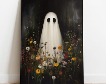 Halloween Ghost Wall Art – Spooky Floral Print, Cute Ghost Painting, Fall Printable Digital Download