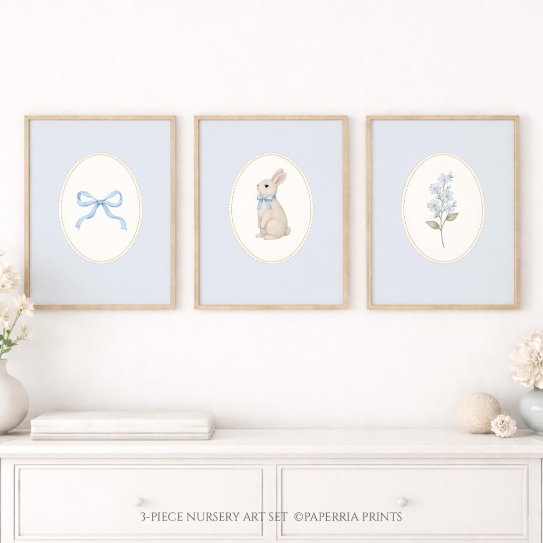 Vintage Nursery Wall Art Set of 3, Bunny Bow Floral Prints, Blue ...