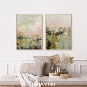 Printable Landscape Art Neutral Sage Green and Pale Pink. Abstract Wall Art, Contemporary Home Decor, Expressionism Prints, Set of 2 Prints