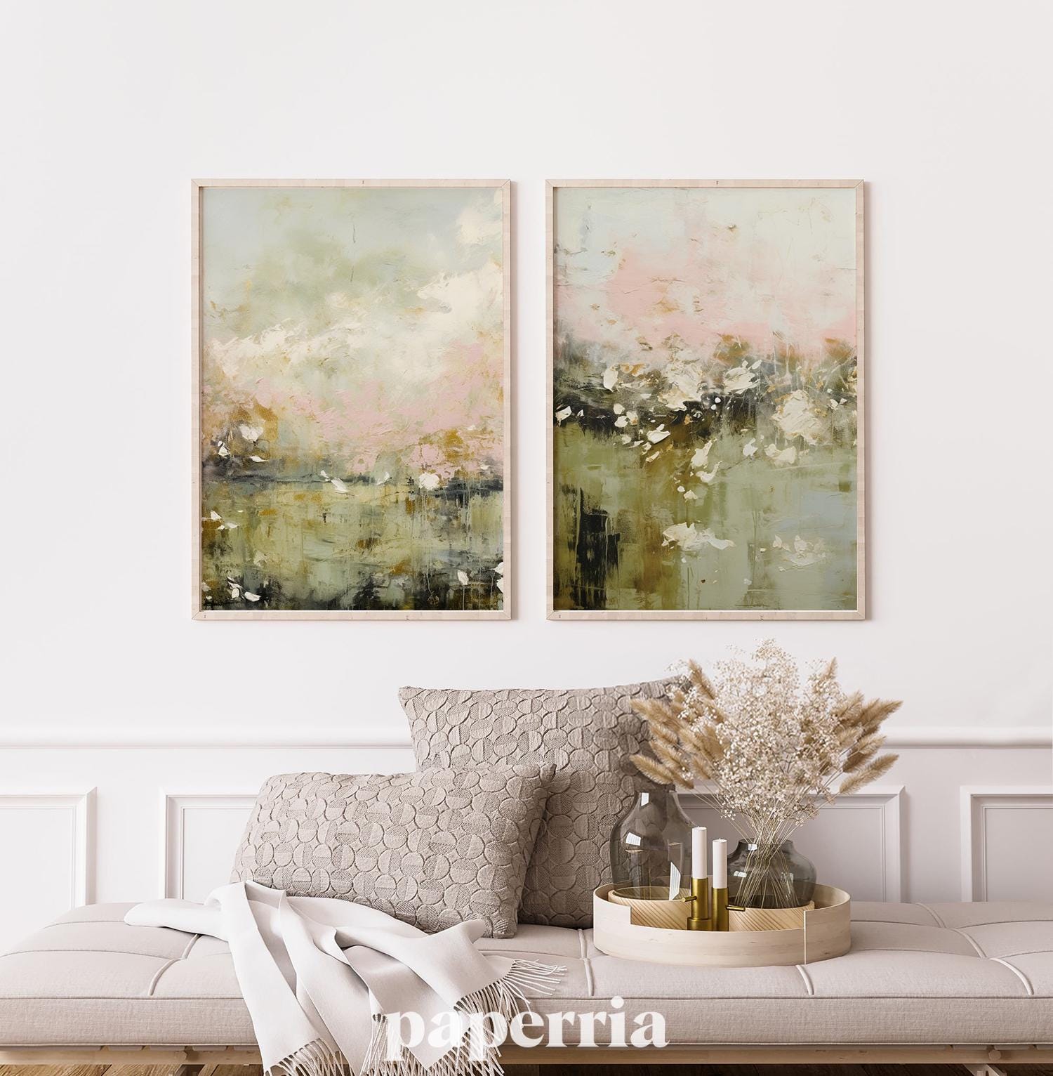 Afdrukbare landschapskunst neutraal saliegroen en lichtroze. Abstracte muurkunst, eigentijds huisdecor, expressionistische prenten, set van 2 prenten