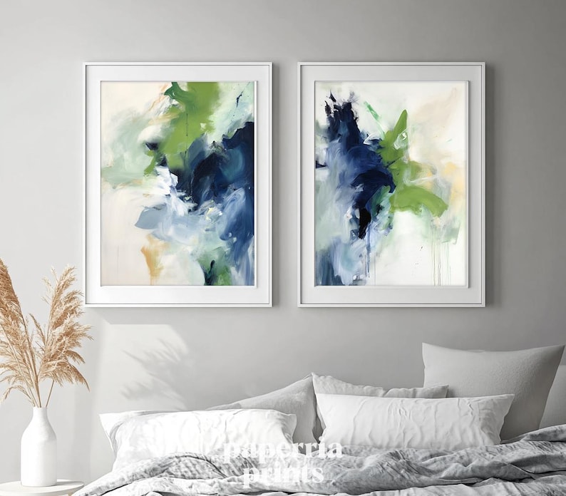 Printed Modern Abstract Art Set of 2 – Sage Green & Blue Wall Decor ...