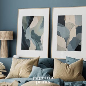 Neutral beige och blå abstrakt väggkonst set med 2, modern minimalistisk utskrivbar konst