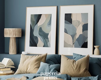 Set of 2 Printable Pastel Blue and Beige Abstract Wall Art - Organic Shapes for Modern Gallery Walls, Contemporary Home Decor, Blue Tones