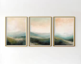 Vintage abstract landschap drieluik set | Groen en roze muurkunst | Set van 3 prints | Grote afdrukbare digitale kunst | Direct downloaden