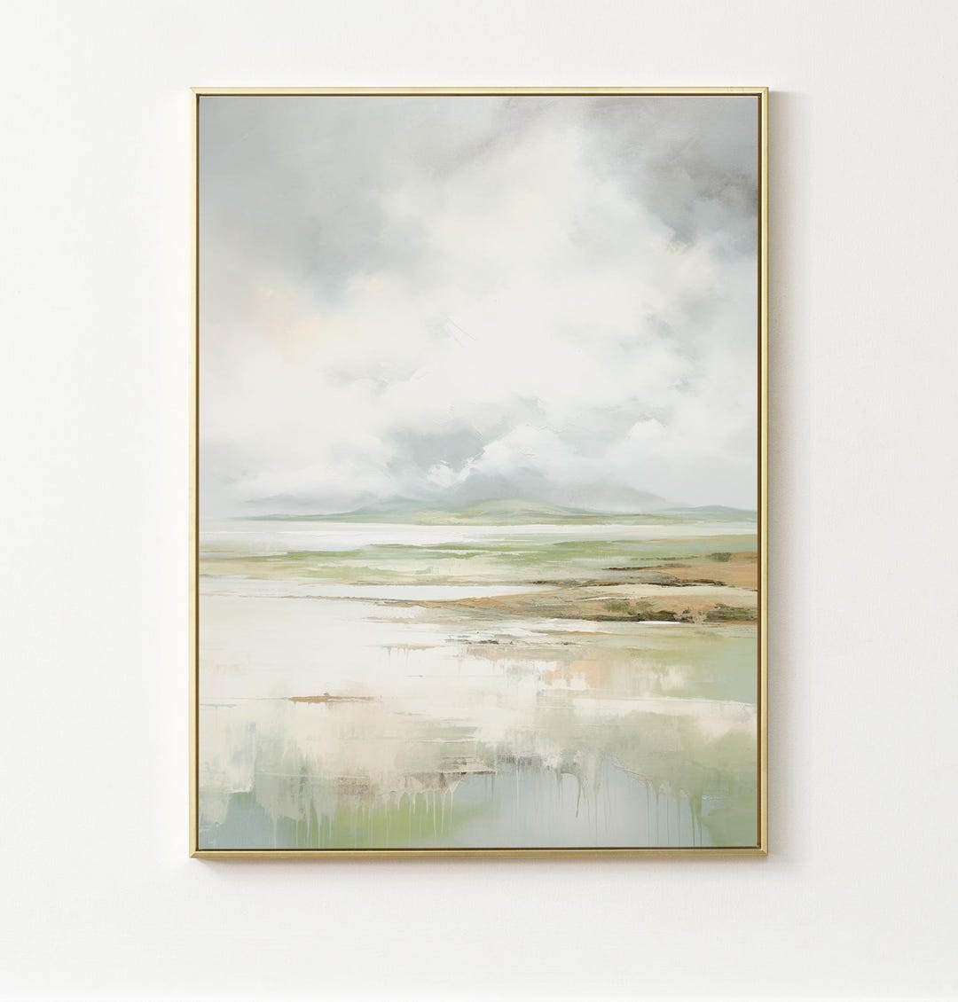 Abstract Watercolor Painting Misty Coastal Landscape, Green Wall Art ...