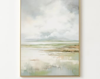 Abstract Watercolor Painting Misty Coastal Landscape, Green Wall Art, Digital Print, Wall Art, Nature, Vertical, Farmhouse, Art Prints