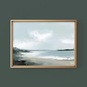 Abstract Painting Moody Coastal Landscape, Sea Wall Art, Digital Wall Art Print, Minimalist Ocean Art, Beach Scene, Soft Blue-Grey Tones