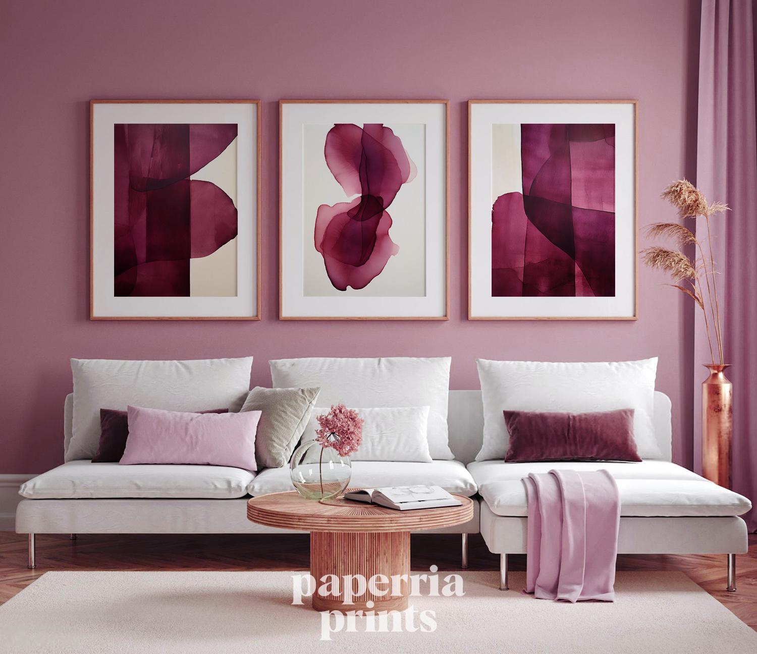 Modern Minimalist 5-Piece Wall Art Set, Dark Red Wine Prints, Abstract Floral & Watercolor, Boho Style