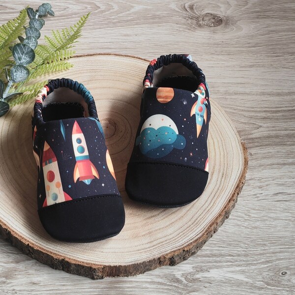 Space shoes, boy shoes, kids moccasins, soft sole shoes, vegan shoes, barefoot shoes, daycare, slippers, baby gift