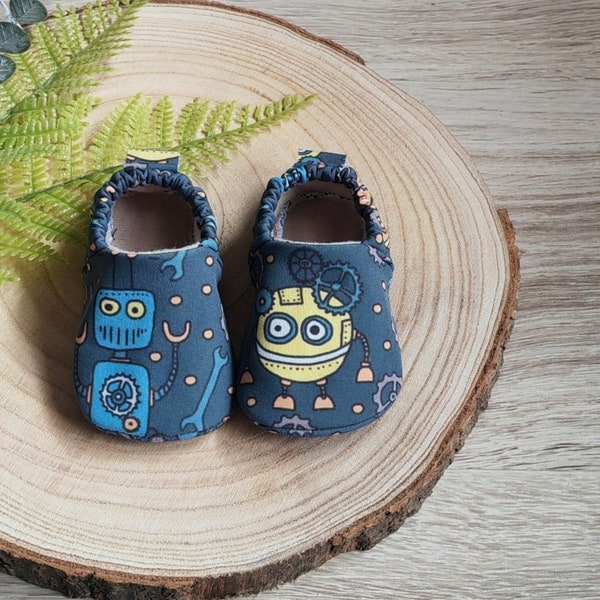 Robot shoes, boy shoes, kids moccasins, soft sole shoes, vegan shoes, barefoot shoes, daycare, slippers, baby gift