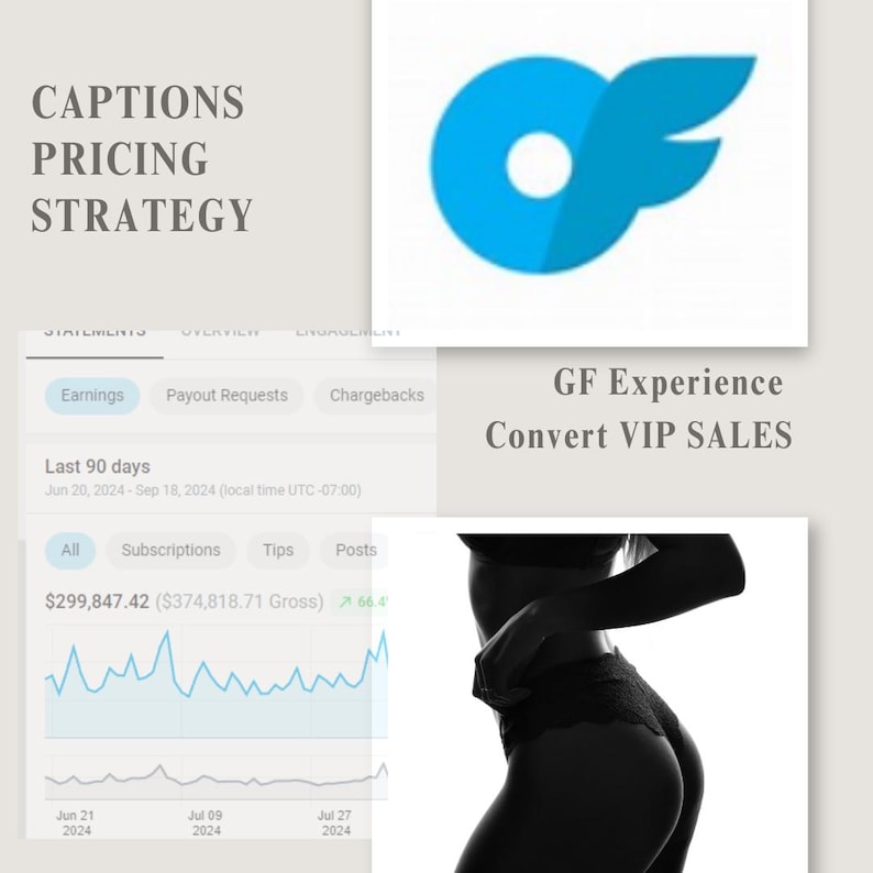 Pu&ograve; includere: Uno screenshot di uno schermo di computer che mostra un grafico degli utili degli ultimi 90 giorni. Il grafico mostra un costante aumento degli utili, con un picco a luglio. Il testo "GF Experience Convert VIP SALES" &egrave; visibile nella parte superiore dello schermo.