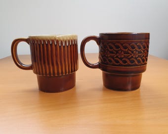 70s Vintage Striped and Flower Rope Pattern Glazed Stackable Ceramic Mugs Set of Two