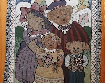 Vintage 90s Teddy Bear Family Cotton Woven Blanket With Tassels - Etsy