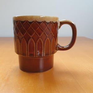 70s Vintage Drip Glazed Diamond Pattern Brown Stackable Ceramic Mug