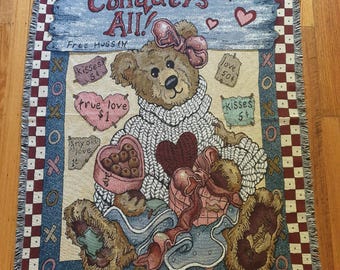 Vintage 90s Boyds Bears Tapestry Blanket: Love Conquers All Cotton