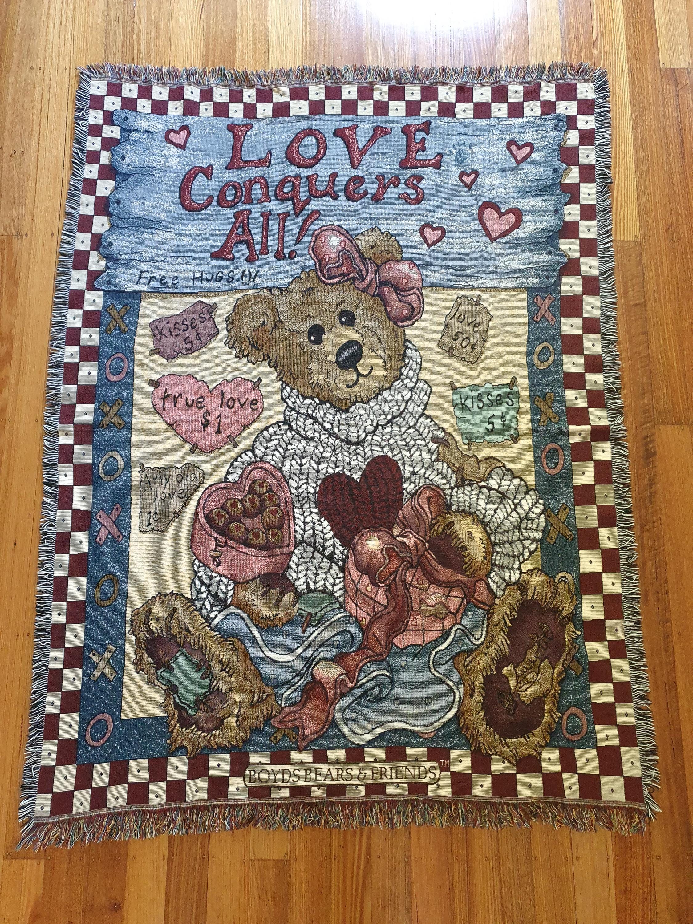 Vintage 90s Boyds Bears Tapestry Blanket: Love Conquers All Cotton