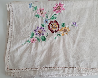Vintage Embroidery Flower, 6 Seater Oatmeal Linen Tablecloth