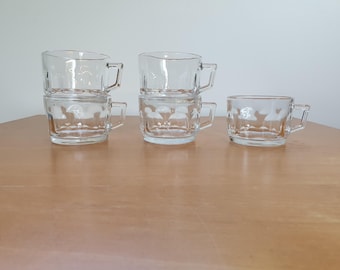 Set of 5 Arcoroc Glass Coffee or Tea Mugs by Arcoroc, Made in France