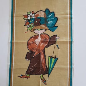 Vintage 70s Dunmoy Hat and Fox Fur Lady Pure Irish Linen Tea Towel