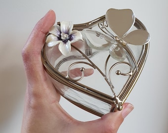 Vintage Handmade Heart Shaped Flower and Butterfly Trinket Box