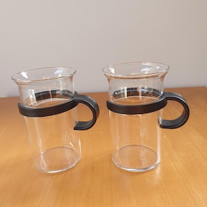 Vintage Bodum Bistro Tall Coffee or Tea Glass Mugs with black plastic handle, Set of 2