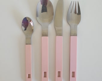 23 Piece Vintage 80s Stainless Steel and Pink Flatware Set. Made in Hong Kong
