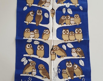 1970s Ulster Weavers Owls in a Tree Linen tea towel