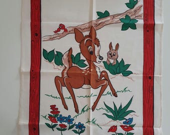 May include: Vintage Bambi-themed fabric panel featuring a brown deer with white spots, a rabbit, and a red bird. The design includes flowers, leaves, and a wooden frame. The text "10-Bambi" and "Walt Disney Productions-1965" are visible.
