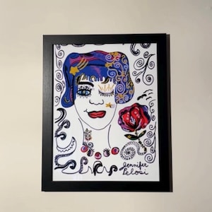 Impresión artística de rostro de mujer caprichoso: retrato bohemio surrealista con cabello cósmico y rosa: decoración de pared femenina y colorida