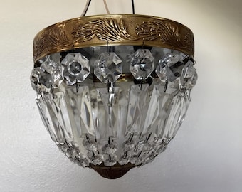 Vtg Ceiling Light Crystal Prisms Brass Filigree Italian Basket Missing Part