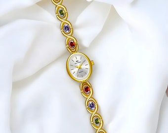 Wrist Watch for Women, Present for Her, Gold/Silver Color, Dainty Vintage Minimalist Design, White Dial, Colorful Gems, Cool, Durable