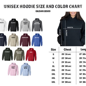 May include: Unisex hoodie size and color chart with a model wearing a black hoodie. The chart shows different colors and sizes of hoodies with measurements in inches and centimeters.