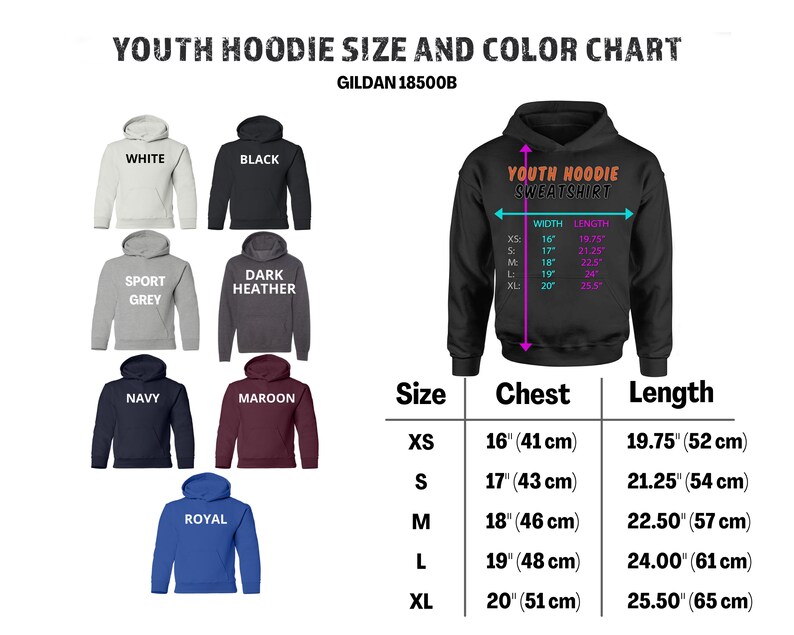 May include: Youth hoodie size and color chart with a black hoodie in the center. The chart shows sizes XS through XL with corresponding chest and length measurements in inches and centimeters. The chart also shows 10 different color options for the hoodie, including white, black, sport grey, dark heather, navy, maroon, and royal.