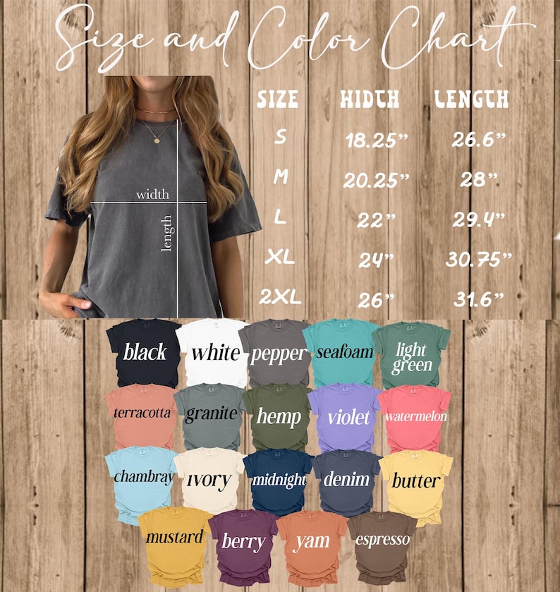 May include: A size and color chart for t-shirts. The chart displays various colors, including black, white, and seafoam. Measurements are provided in inches for width and length, ranging from size S to 2XL. The image shows a person wearing a gray t-shirt.