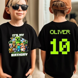 Personalized Birthday Boy Game T-Shirt, Custom Name Age Gamer Tee, Video Game Party Shirt, Kids Bday Gift, Pixel Craft Theme Outfit, Mine C