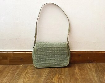 Vintage Messenger Bag Gewebte Strohhandtasche Olivgrüne Leder Umhängetasche 90er 00er Schnallenriemen Textur Minimalistisch Solide