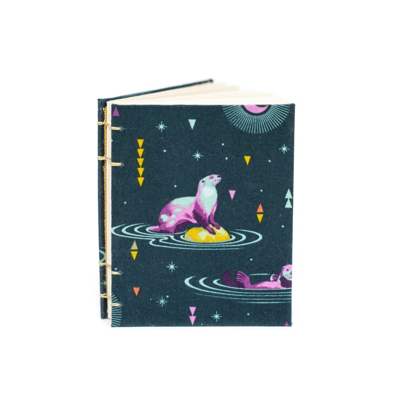 Puede incluir: Un peque&ntilde;o cuaderno abierto con una cubierta de color verde azulado oscuro que presenta un dise&ntilde;o caprichoso de nutria. La ilustraci&oacute;n de la cubierta incluye una nutria rosa y blanca sobre una roca amarilla, rodeada de agua, estrellas y formas geom&eacute;tricas. La encuadernaci&oacute;n es dorada.