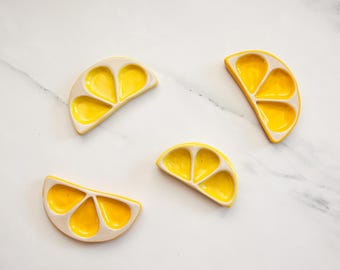 Lemon Wedge Ring Dish, Ceramic Hand Painted Bright Yellow Trinket Tray, Decorative Fruit Food Jewelry Storage, Engagement Ring Holder