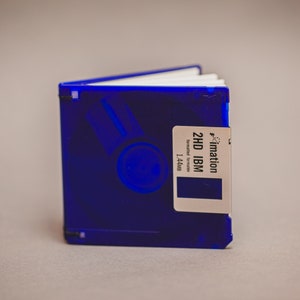 Pu&ograve; includere: Un floppy disk blu, piegato a forma di libro. L'etichetta recita "2HD IBM formatted formatted 1.44MB" e "imation". Le pagine sono bianche. L'oggetto &egrave; su uno sfondo neutro.