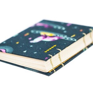 Puede incluir: Un peque&ntilde;o cuaderno de tapa dura con una cubierta azul oscuro que presenta un dise&ntilde;o tem&aacute;tico espacial. La cubierta muestra ilustraciones de planetas, estrellas y naves espaciales en tonos de rosa, morado y amarillo. Las p&aacute;ginas son de color crema y la encuadernaci&oacute;n est&aacute; asegurada con hilo dorado.