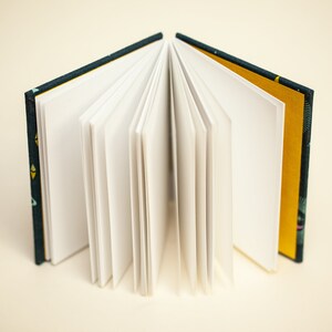 Puede incluir: Un cuaderno abierto con p&aacute;ginas blancas en blanco. La cubierta es de color verde azulado oscuro con un patr&oacute;n repetido de peque&ntilde;as formas amarillas y verde azulado. La cubierta interior es de color amarillo brillante y las p&aacute;ginas son blancas y n&iacute;tidas.